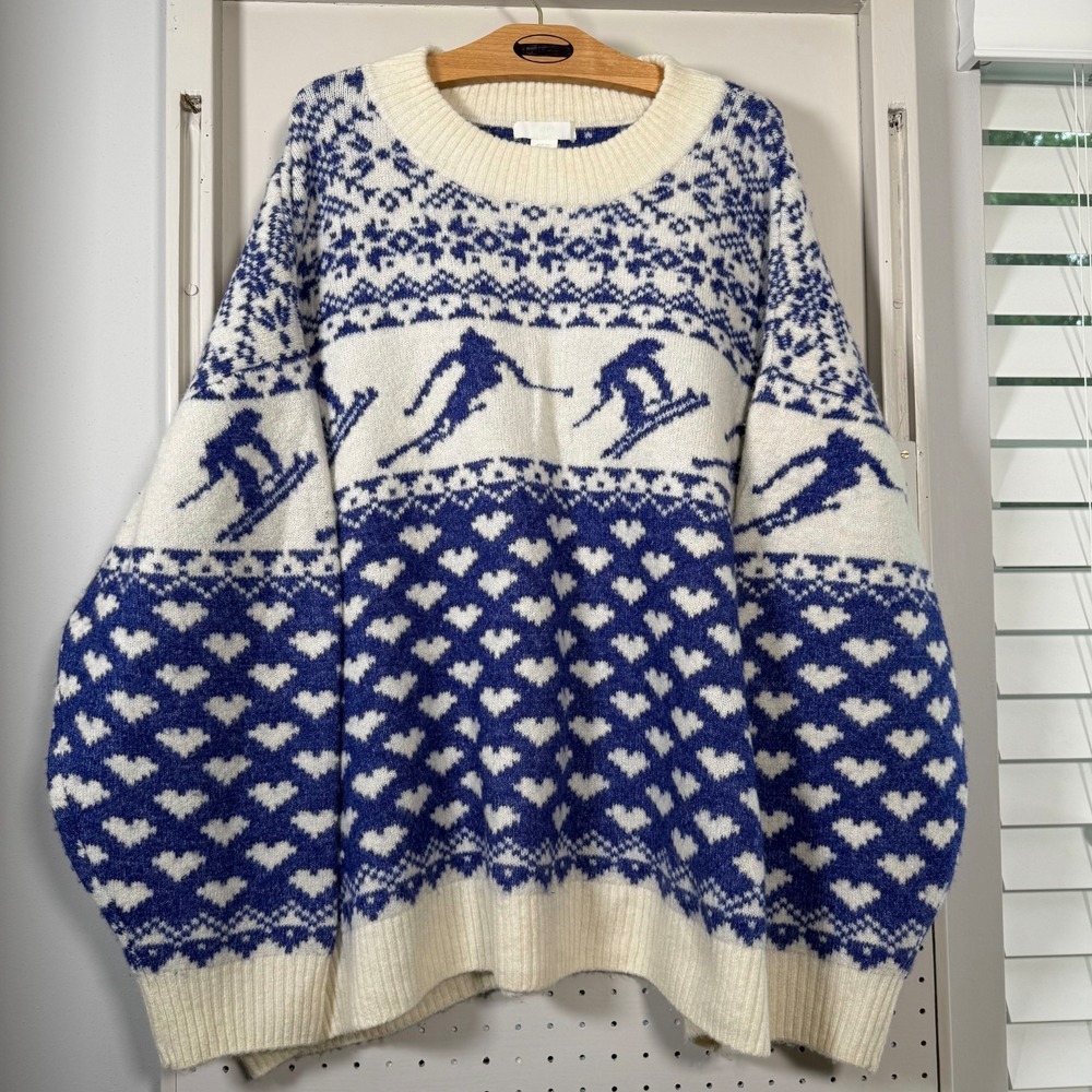 H&M Oversized Knit Sweater Women's Cream Blue Fair Isle Ski Print Classic - 2XL